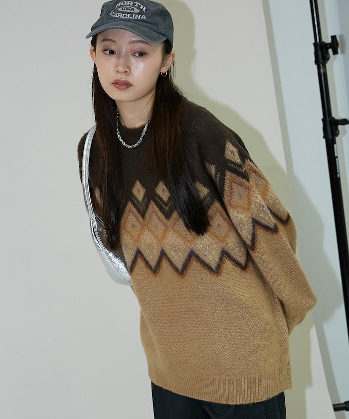 鑽石提花仿馬海毛針織套頭衫