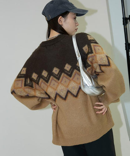 鑽石提花仿馬海毛針織套頭衫