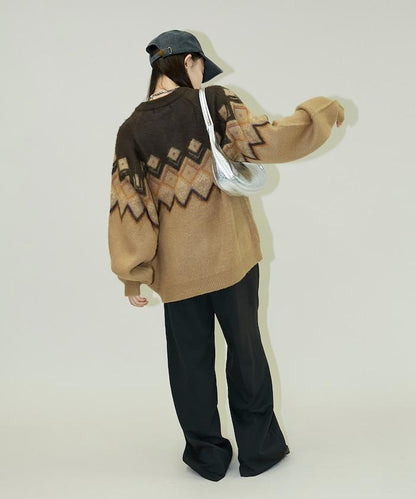 鑽石提花仿馬海毛針織套頭衫