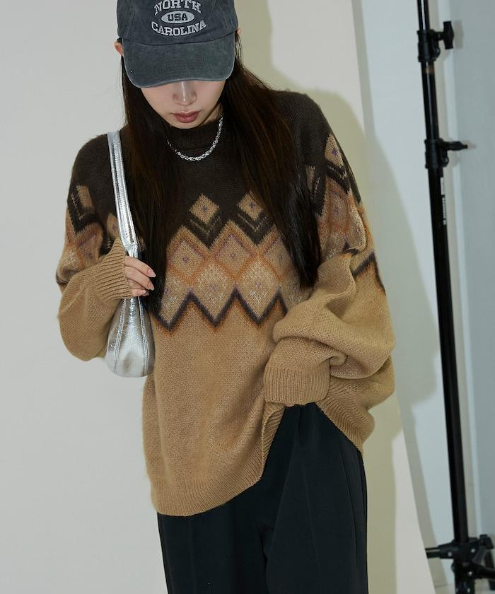 鑽石提花仿馬海毛針織套頭衫