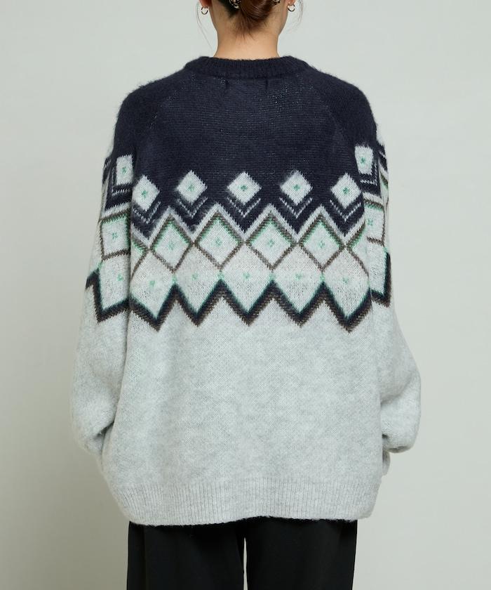 鑽石提花仿馬海毛針織套頭衫