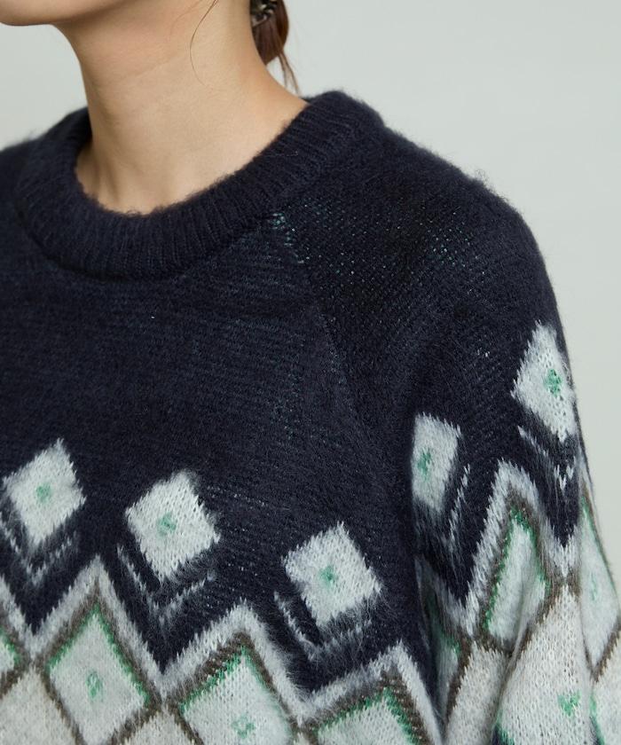 鑽石提花仿馬海毛針織套頭衫