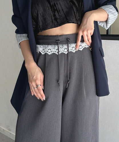 高腰蕾絲褶皺長褲