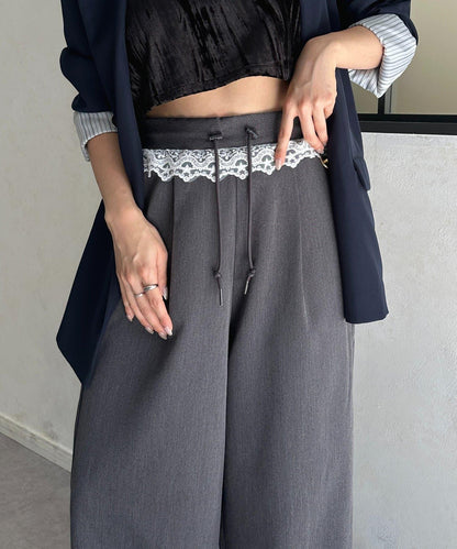 高腰蕾絲褶皺長褲