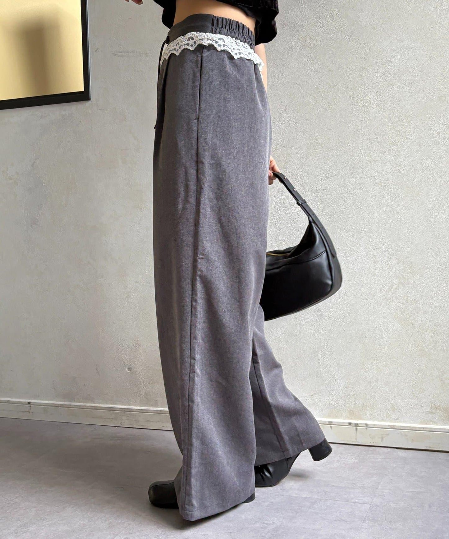 高腰蕾絲褶皺長褲