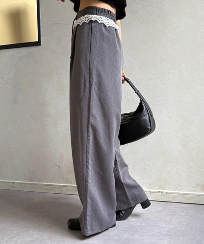 高腰蕾絲褶皺長褲