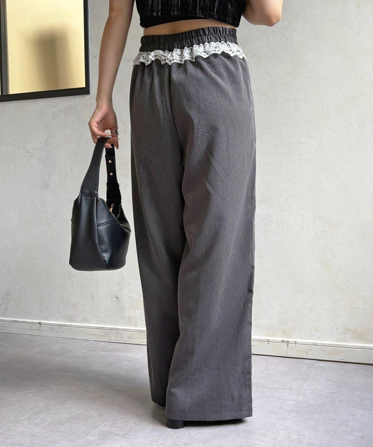 高腰蕾絲褶皺長褲