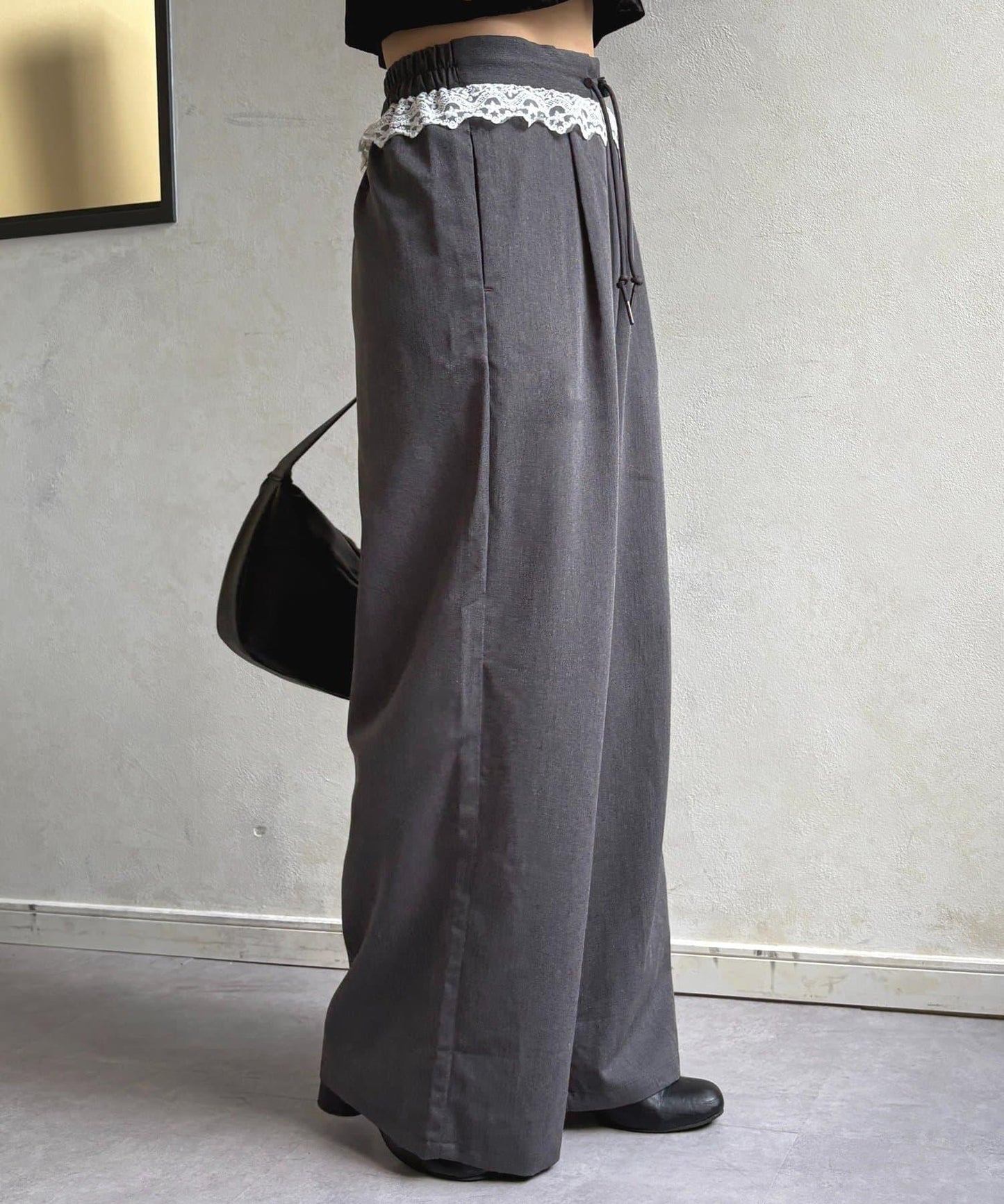 高腰蕾絲褶皺長褲