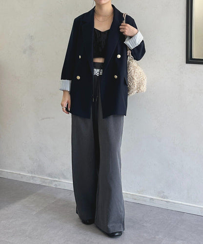 高腰蕾絲褶皺長褲