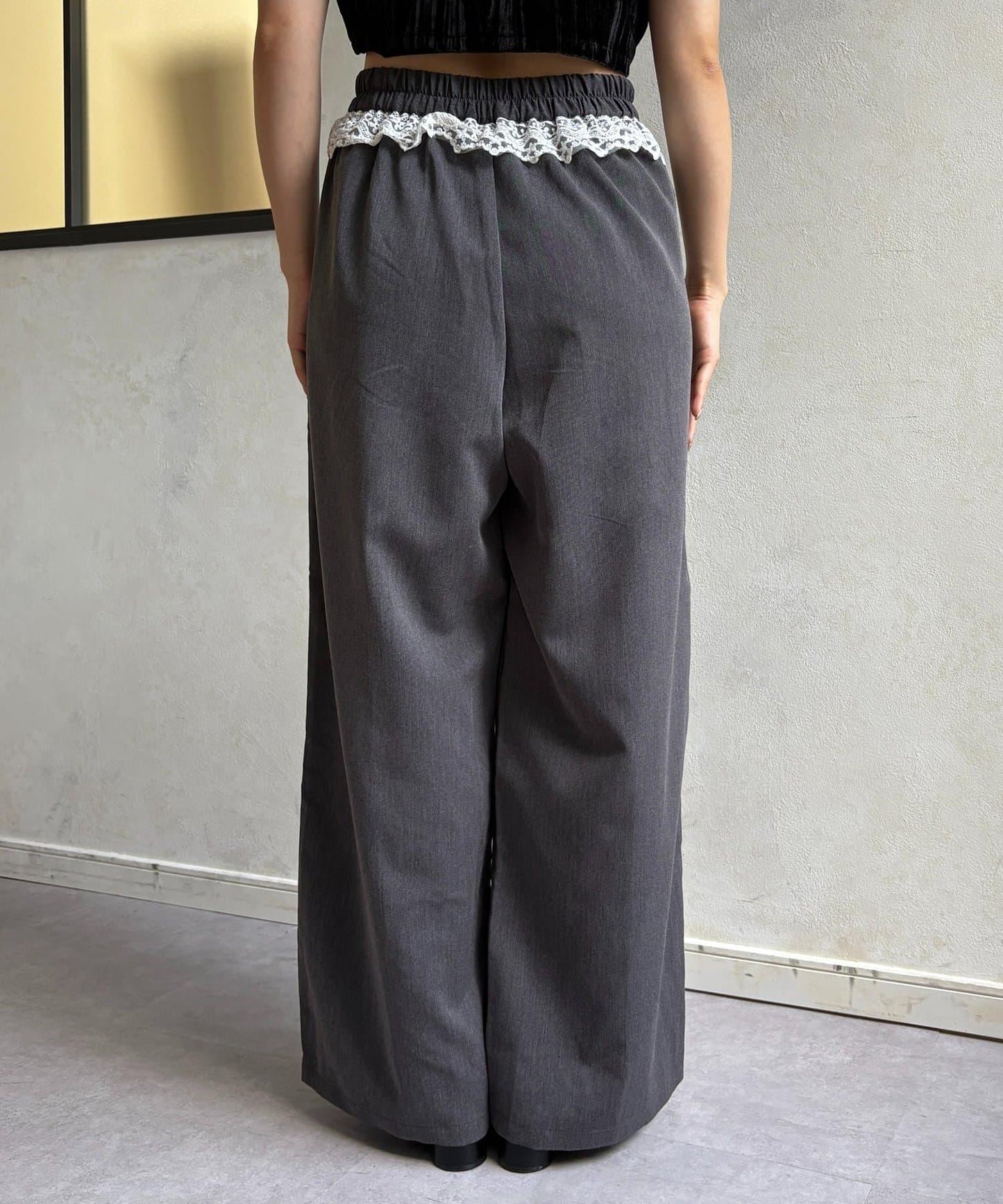 高腰蕾絲褶皺長褲