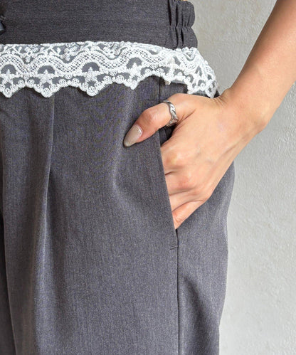 高腰蕾絲褶皺長褲