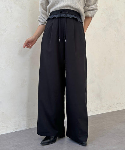 高腰蕾絲褶皺長褲