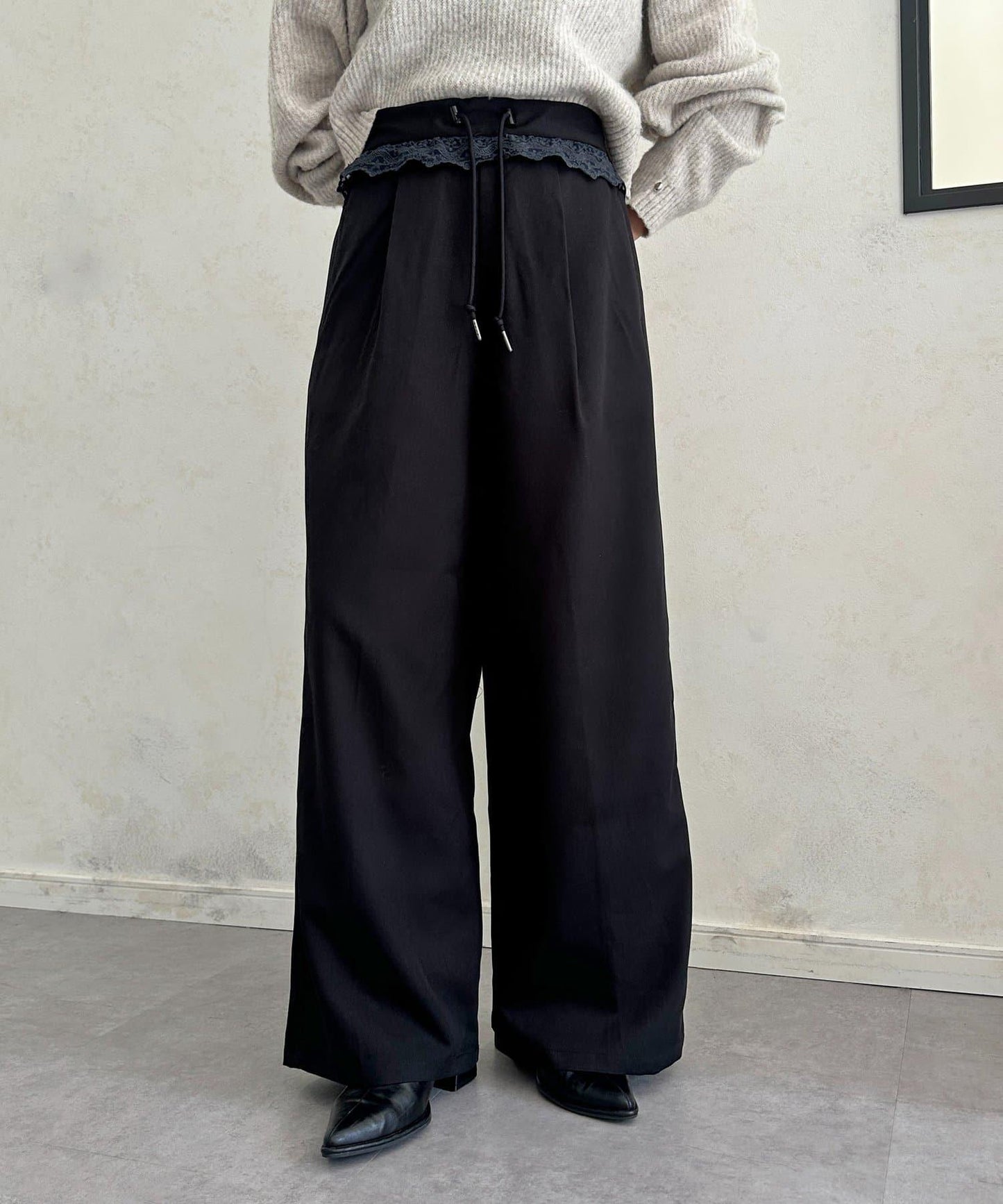 高腰蕾絲褶皺長褲