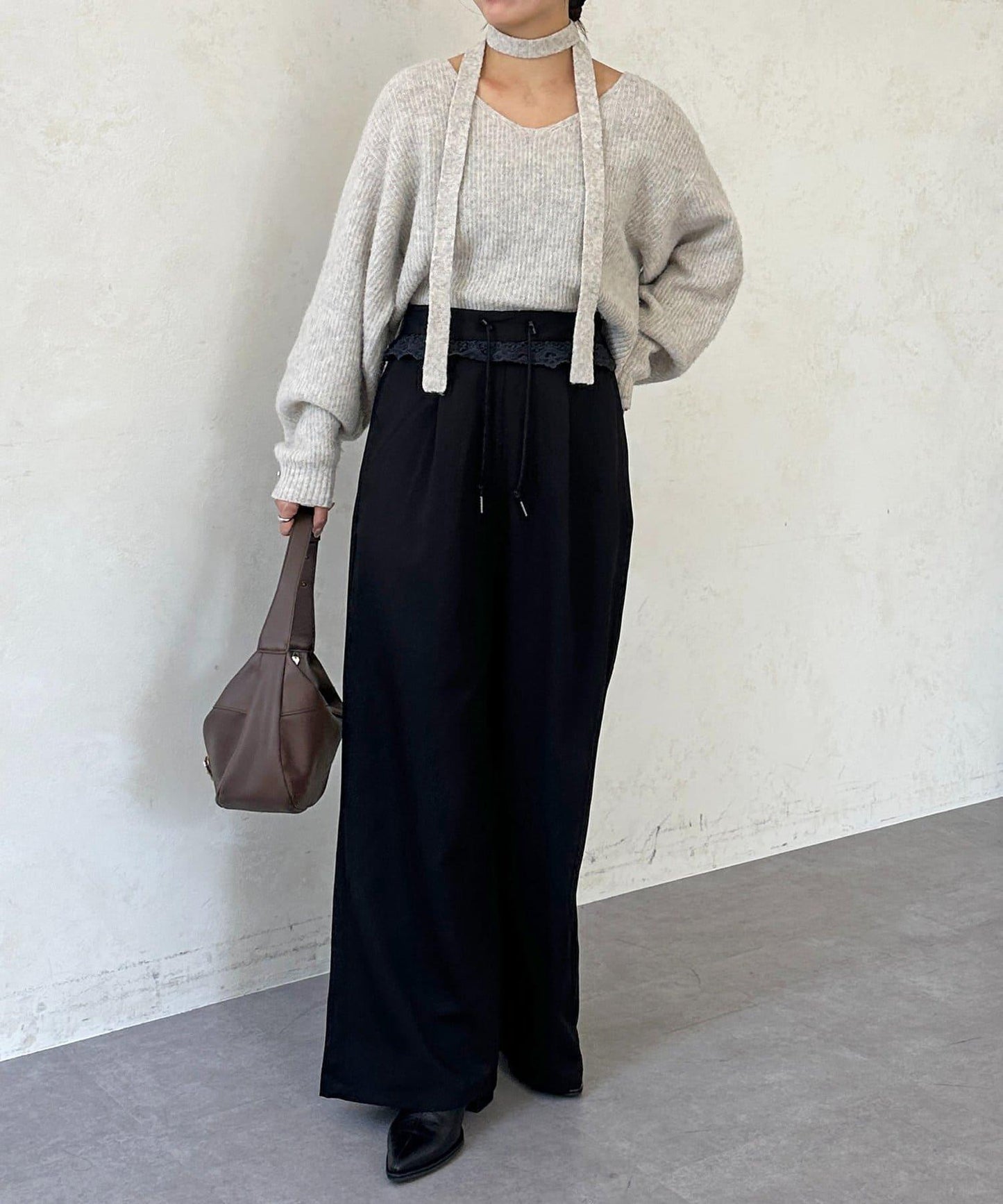 高腰蕾絲褶皺長褲