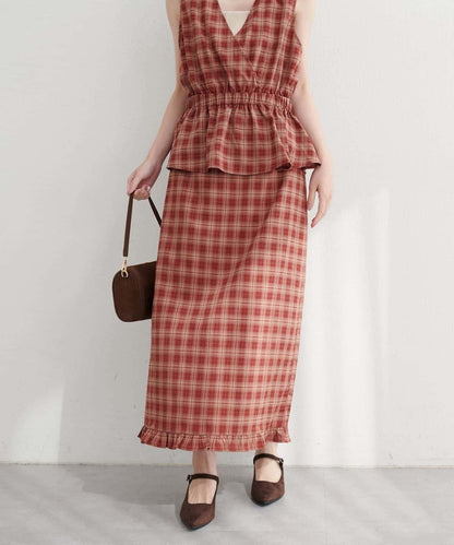 裾荷葉邊格紋半身裙