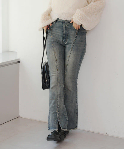 【2尺碼可選】鉚釘微喇牛仔褲