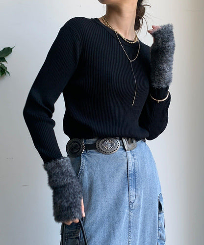 拼接長絨指洞羅紋針織衫