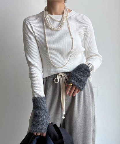 拼接長絨指洞羅紋針織衫