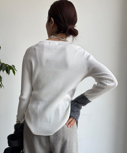 拼接長絨指洞羅紋針織衫