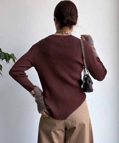 拼接長絨指洞羅紋針織衫