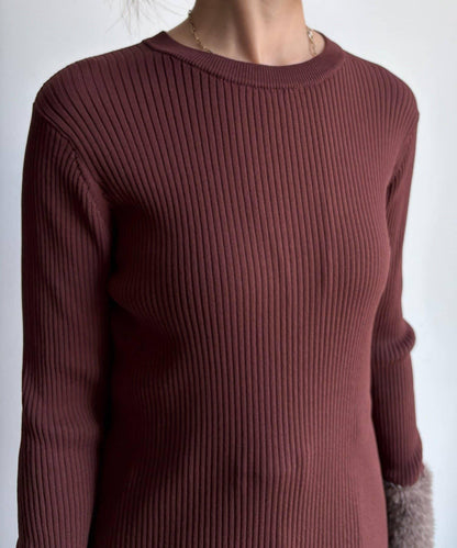 拼接長絨指洞羅紋針織衫