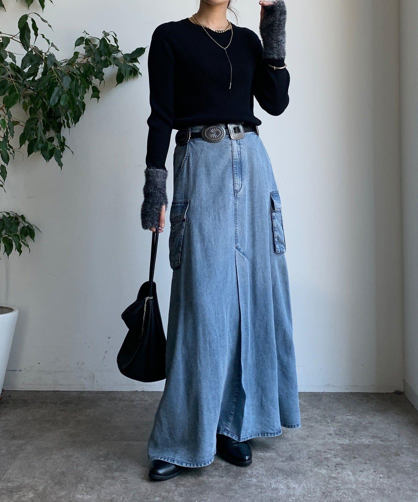 拼接長絨指洞羅紋針織衫