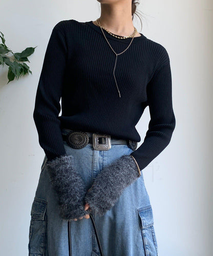 拼接長絨指洞羅紋針織衫