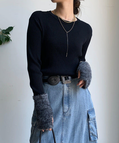 拼接長絨指洞羅紋針織衫