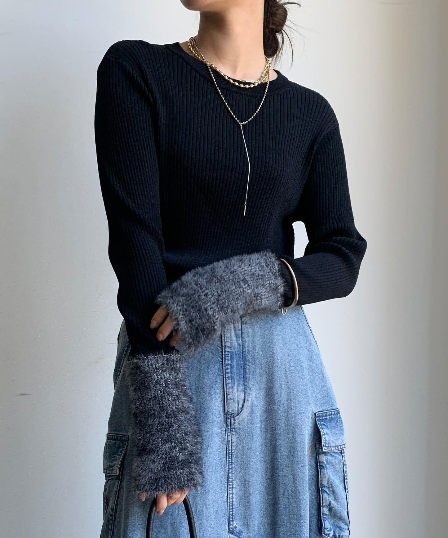 拼接長絨指洞羅紋針織衫