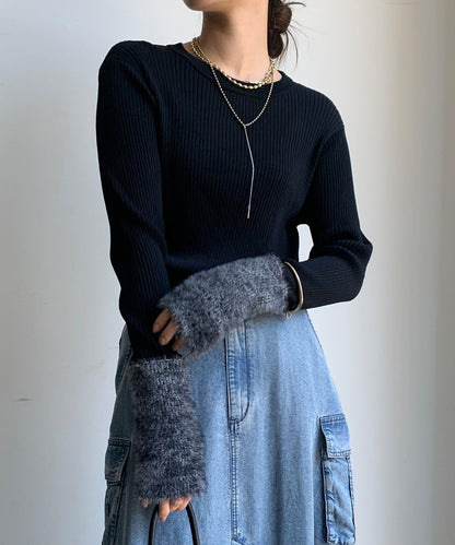 拼接長絨指洞羅紋針織衫