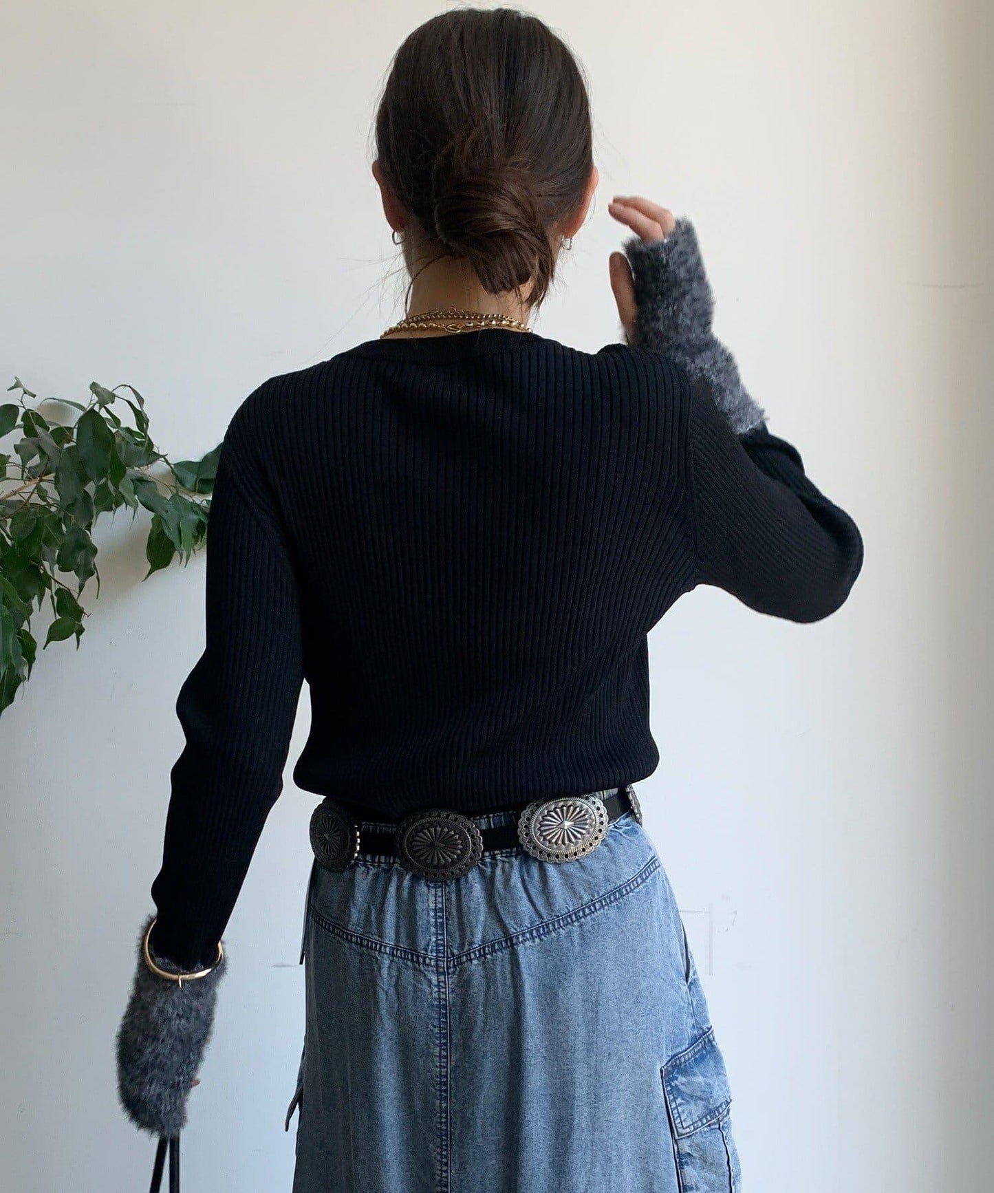 拼接長絨指洞羅紋針織衫