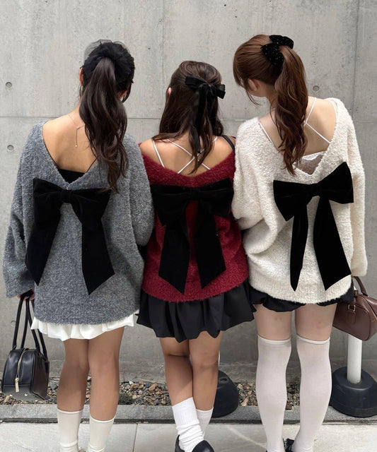 【Ribbon Collection】後背天鵝絨蝴蝶結針織衫