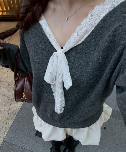 【Ribbon Collection】蕾絲拼接泡泡袖迷你連衣裙