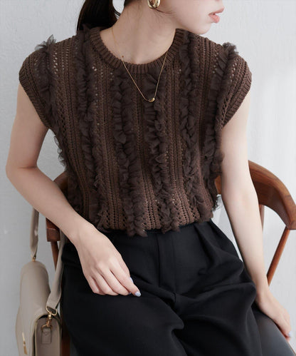 【natural couture】鏤空花紋×網紗無袖針織衫