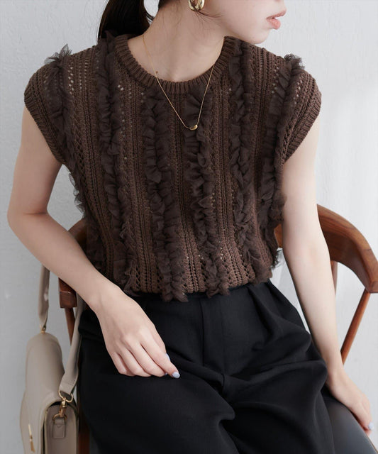 【natural couture】鏤空花紋×網紗無袖針織衫
