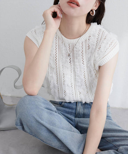 【natural couture】鏤空花紋×網紗無袖針織衫