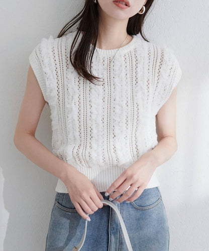 【natural couture】鏤空花紋×網紗無袖針織衫