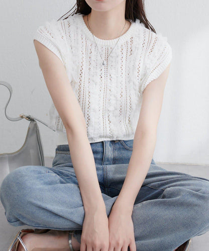 【natural couture】鏤空花紋×網紗無袖針織衫