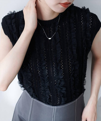 【natural couture】鏤空花紋×網紗無袖針織衫