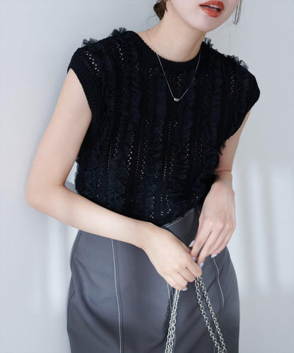 【natural couture】鏤空花紋×網紗無袖針織衫