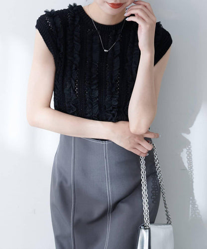 【natural couture】鏤空花紋×網紗無袖針織衫
