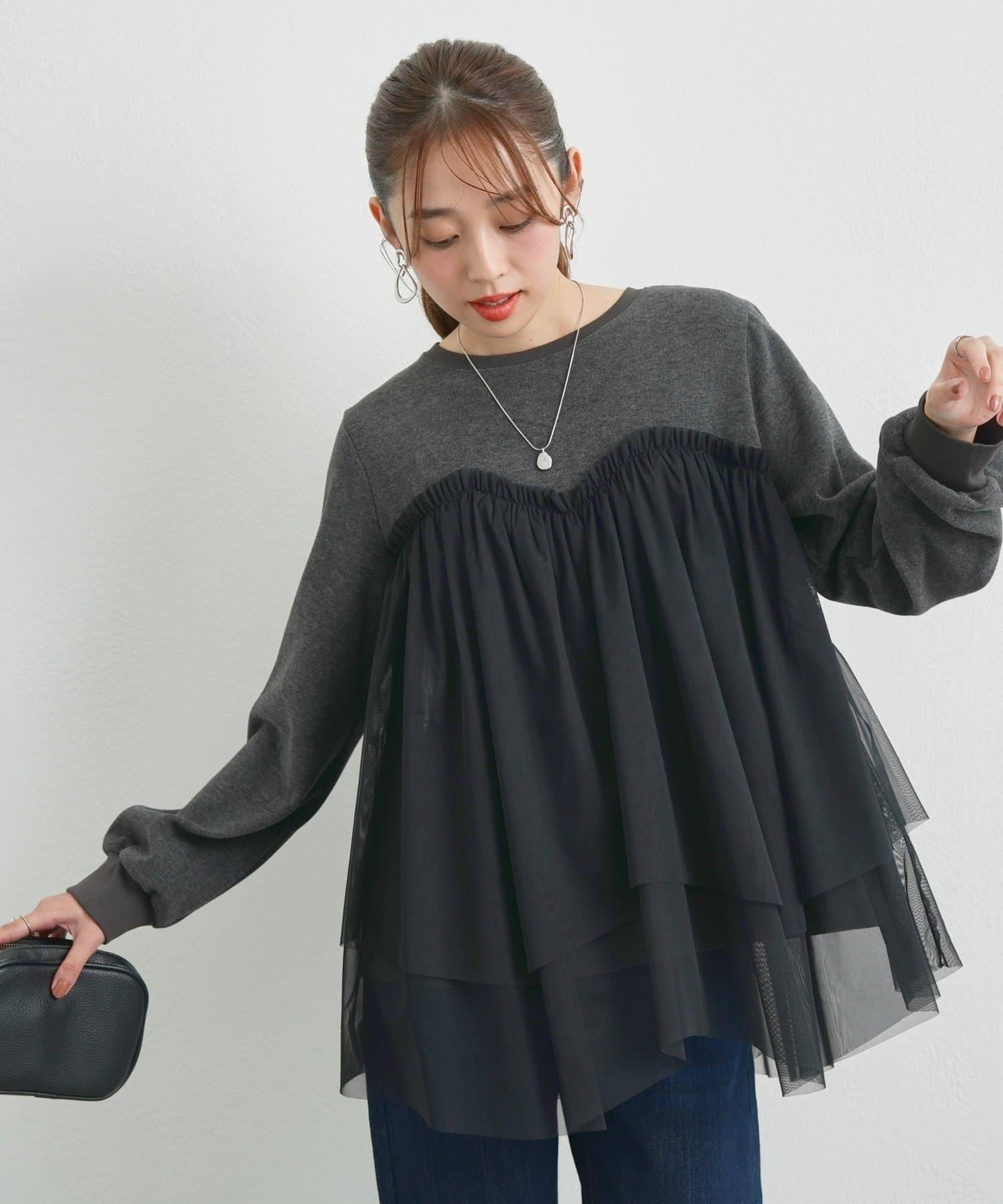 大人甜美風格拼接網紗套頭衫