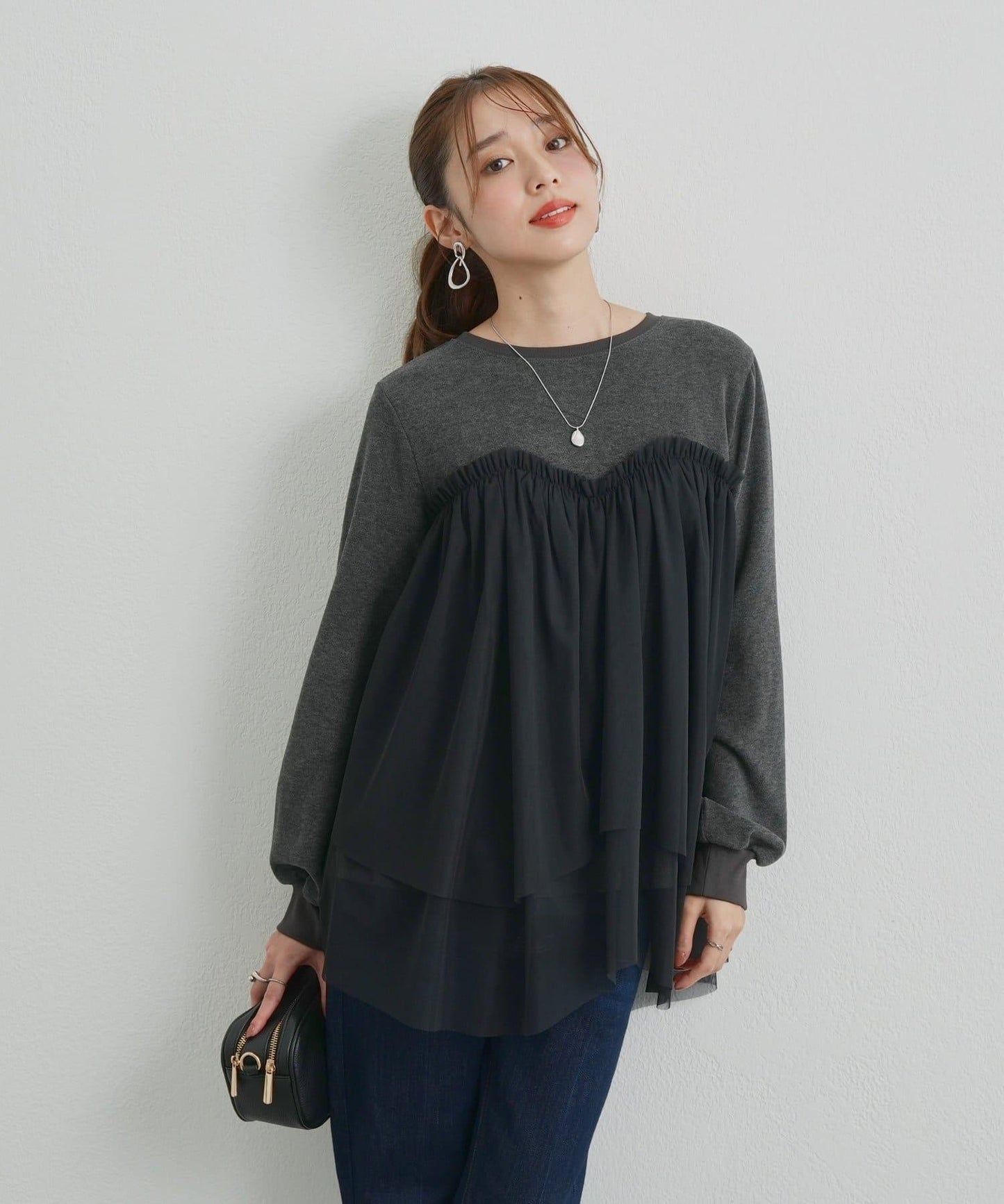 大人甜美風格拼接網紗套頭衫