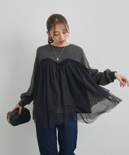 大人甜美風格拼接網紗套頭衫