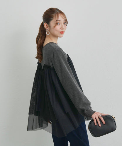 大人甜美風格拼接網紗套頭衫