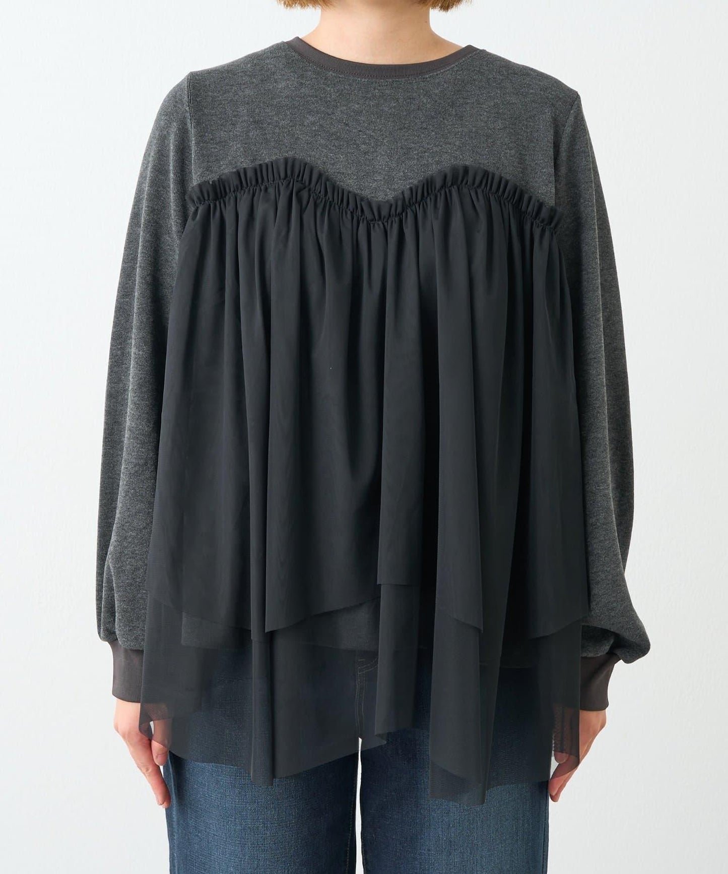 大人甜美風格拼接網紗套頭衫