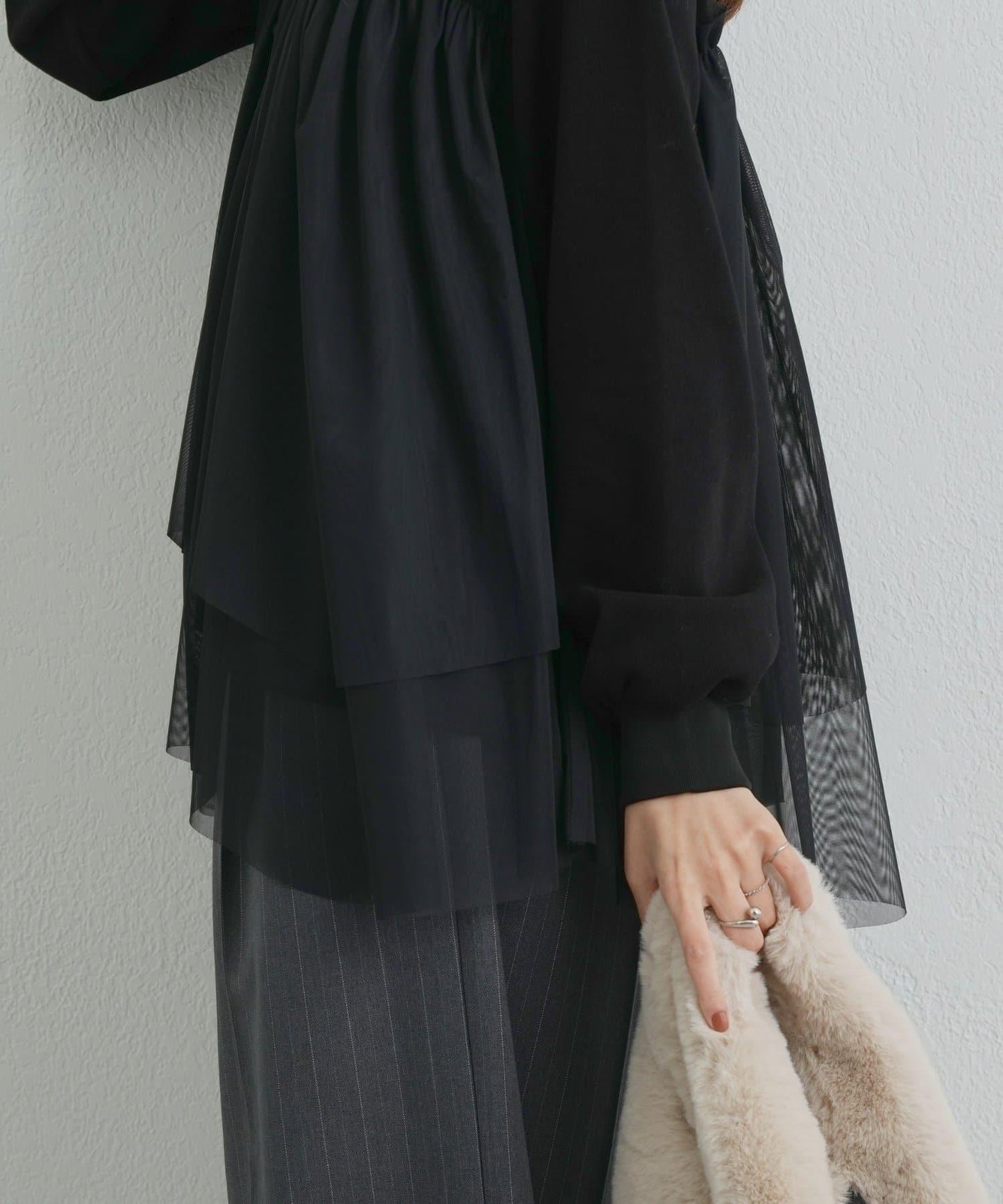 大人甜美風格拼接網紗套頭衫