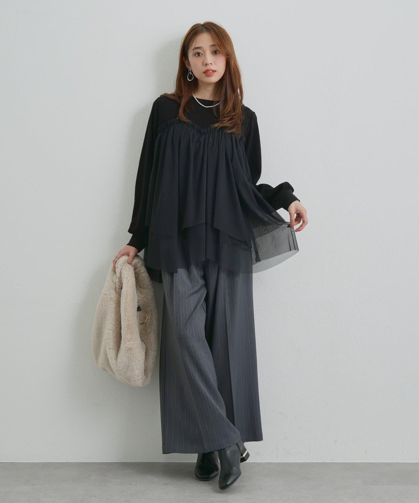 大人甜美風格拼接網紗套頭衫