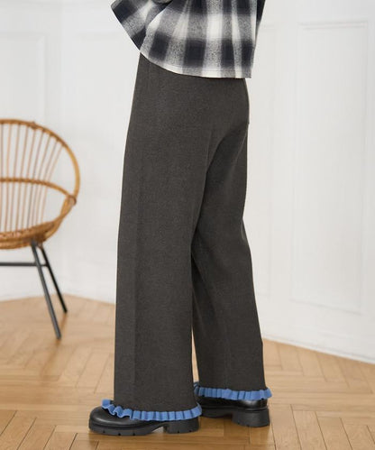 拼色下襬荷葉邊針織休閒褲