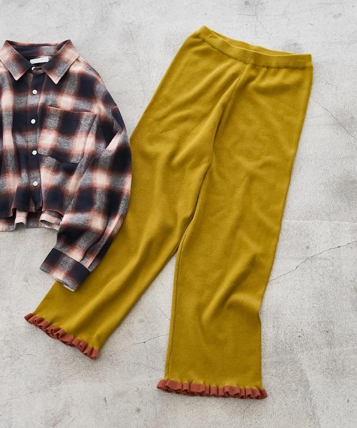 拼色下襬荷葉邊針織休閒褲